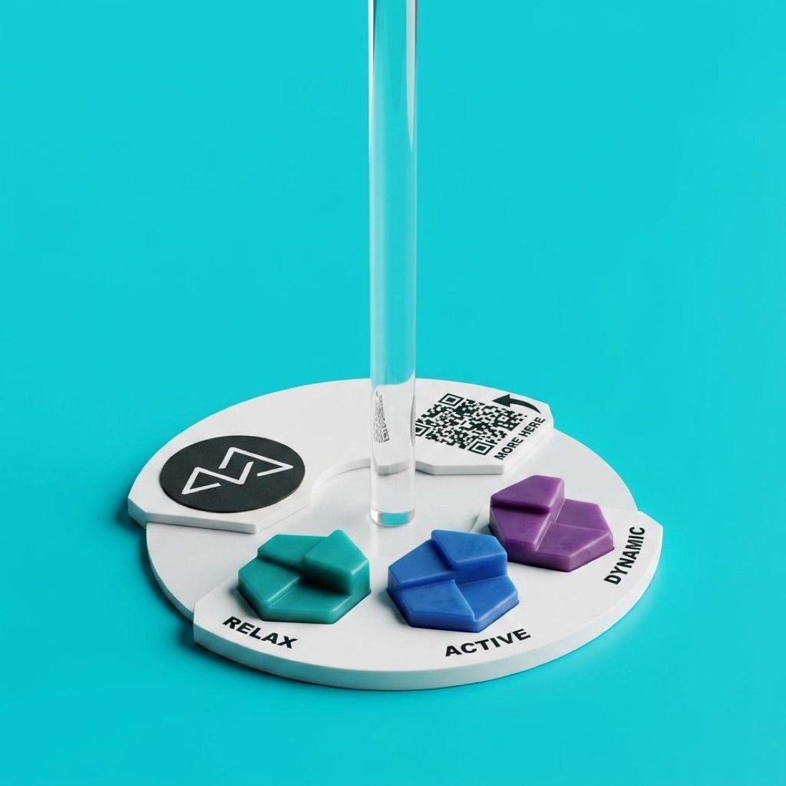 The Clear Your® Demo Stand — transparent stand with Relax, Active and Dynamic silicone samples