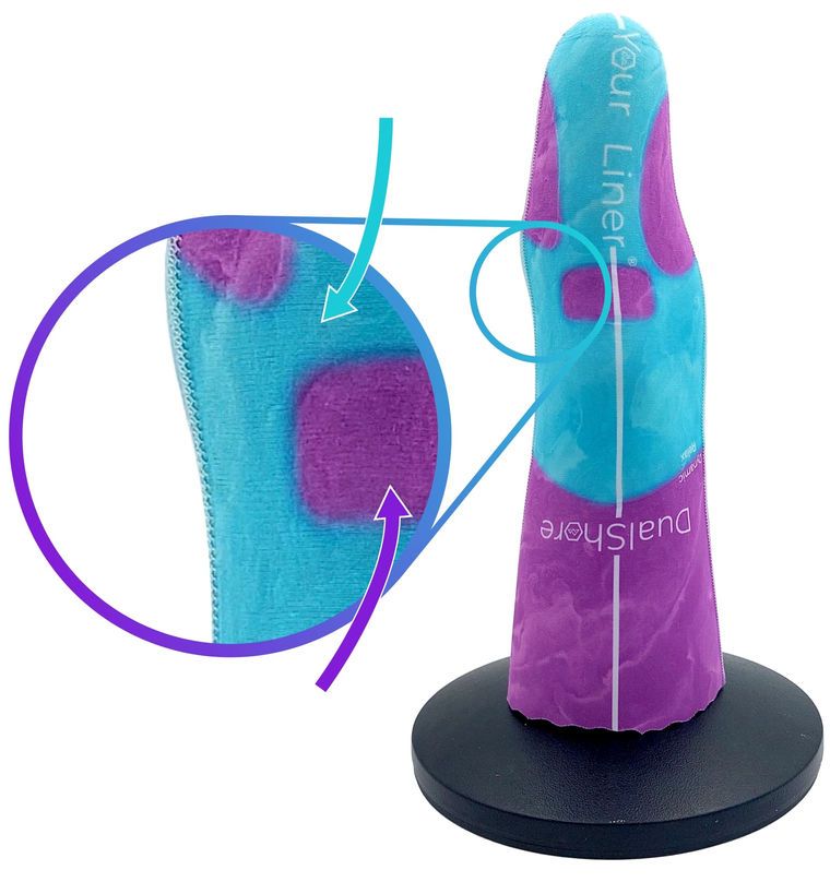 A DualShore liner on a stand, with a magnified view showing the soft and hard silicone zones