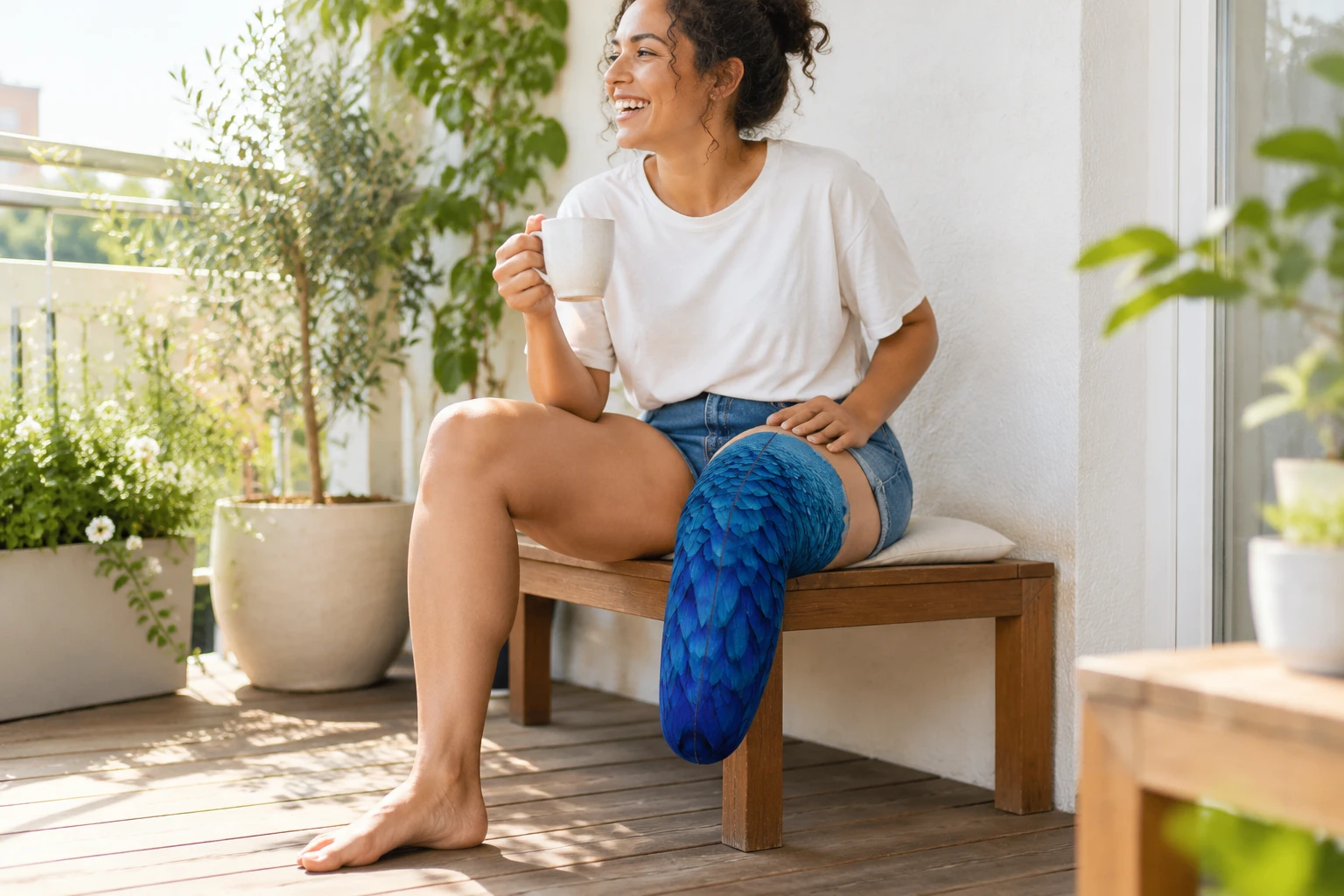Une jeune femme rit sur un balcon ensoleillé, un café à la main et un liner à motifs sur son moignon.