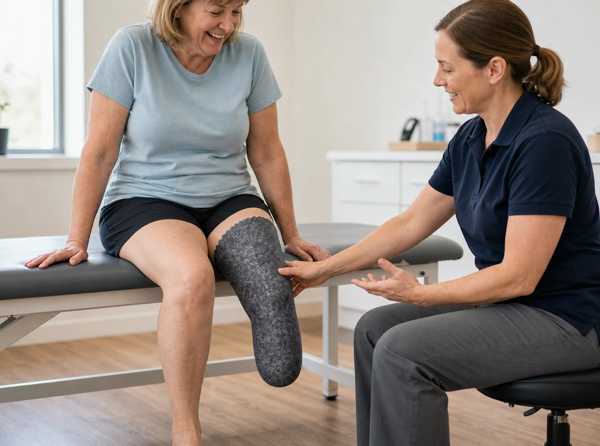 A patient laughs on a treatment bench while her prosthetist, seated beside her, explains the fit of her liner.